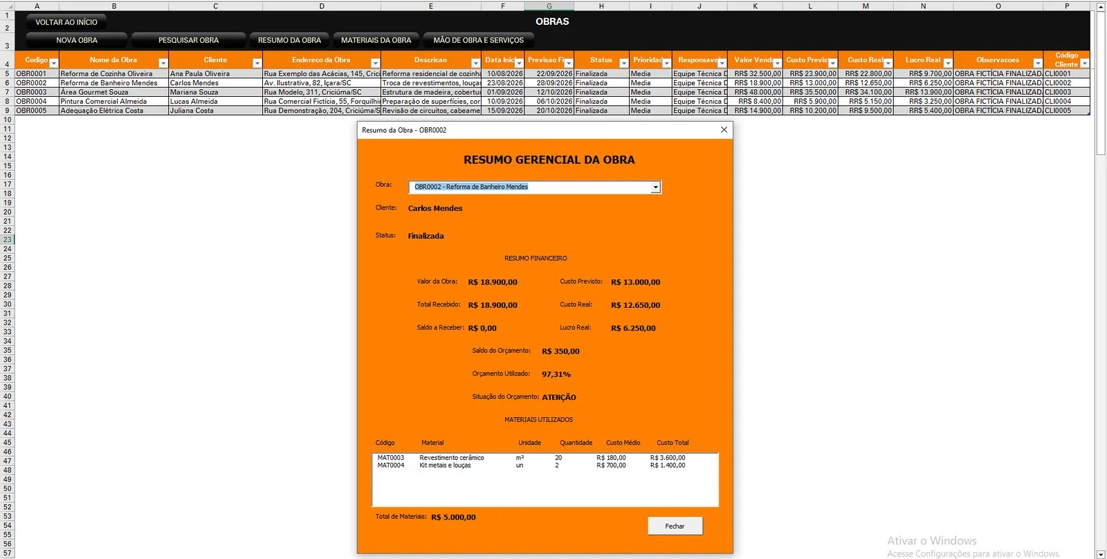 Resumo de uma obra com valores fictícios no ERP GOSP